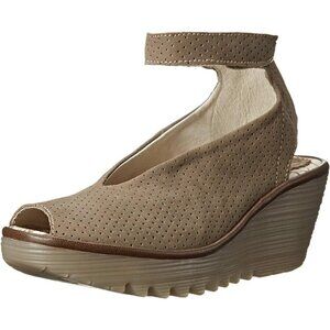 Fly London - Yala Perforated Suede Peep Toe Wedge Sandals, sz 39 or US 8-8.5